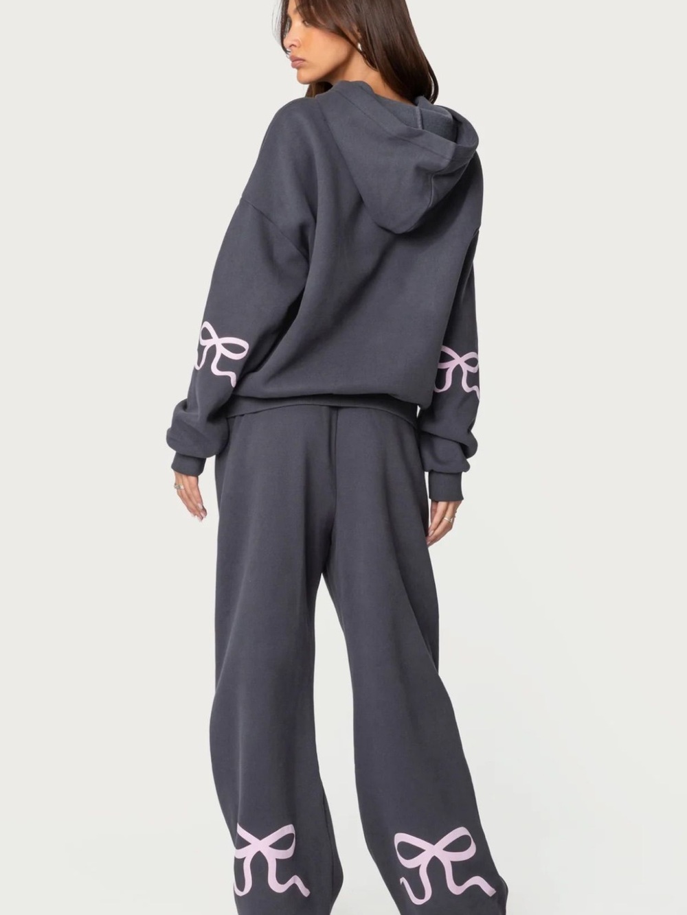 Edikted Hoodie and Sweatpants bow set Gray Hoodie with Light Pink Bow Accent